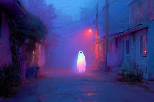 Halloween ghost encounter in cyberpunk alley vaporwave aesthetic mysterious atmosphere nighttime viewpoint