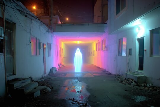 Halloween cyberpunk ghost in vaporwave alley urban setting documentary style captivating visuals