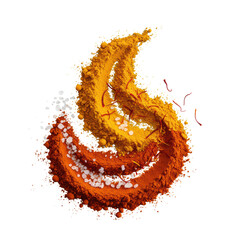 Macro, 45-degree shot of vibrant orange paprika and yellow turmeric spices swirled elegantly, accented with sparkling sea salt and saffron on a seamless transparent, concept of elegant culinary art