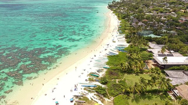Aerial View of Lanikai Beach on Oahu Island, Hawaii USA. Sandy Shore and Beachfront Properties