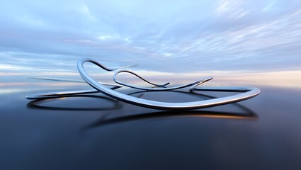 Abstract Stainless Steel Sculpture on Reflective Surface at Sunset