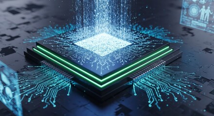 A glowing central processing unit with blue light streams and intricate green and blue circuit patterns on a dark board depicting data flow