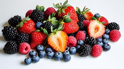 Fototapeta premium Fresh and Juicy Berries A Colorful Mix of Strawberries Blueberries Raspberries and Blackberries for a Healthy Snack or