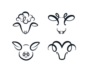 Animal heads of farm domestic sheep cow pig goat drawing in modern art style with black on white background