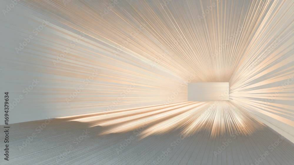 Poster light rays illuminate a minimalistic interior creating a serene atmosphere in an art installation
