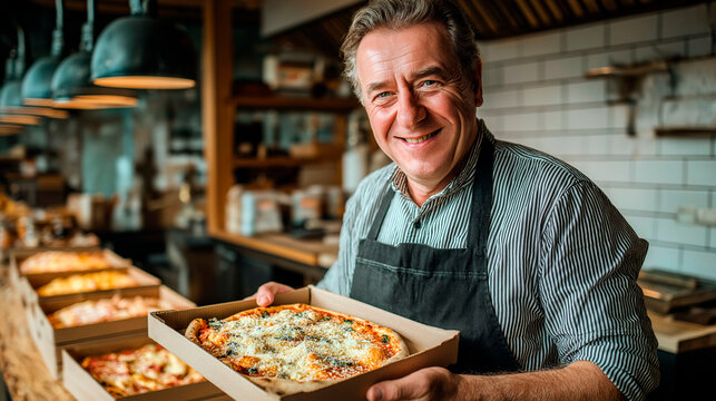 Smiling Caucasian male chef holding fresh pizza in takeaway box inside cozy pizzeria kitchen, concept of food service, Italian cuisine, and small business hospitality