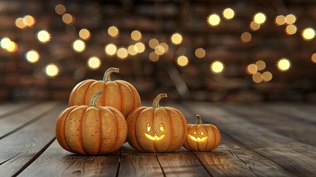 Charming pumpkins with smiling faces create a joyful atmosphere with warm twinkling lights. Perfect for autumn festivities and celebrations