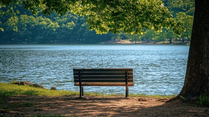 Obraz premium Tranquil park bench by a serene lake