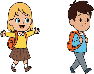 Cartoon school children walking, backpacks, yellow shirt, blue shirt, happy expression, education, routine, childhood, outdoor scene, illustration