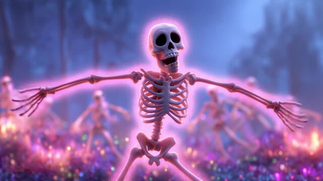 Cheerful animated skeleton dances with arms wide in a glittering pink glow, in an enchanted night scene with other skeletons in the background