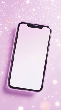 A modern smartphone with a blank screen lying flat on a shimmering pink surface with glitter effects.
