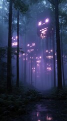 Obraz premium Haunting cyberpunk halloween in a mysterious forest documentary style image dark environment ethereal view