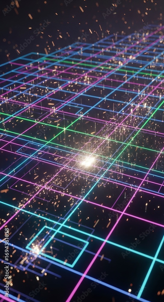 Poster a glowing grid of multi-colored lines stretches across a dark space illuminated by a central bright 