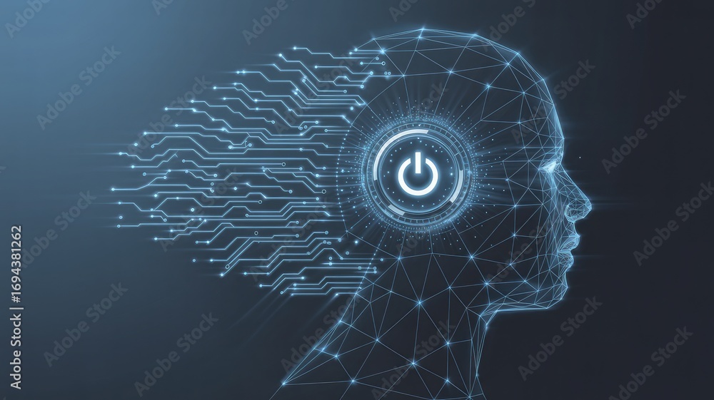 Aufkleber digital concept art of human head with data streams and power button symbol