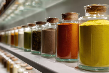 stunning display of colorful spices preserved in transparent glass jars creating visual feast