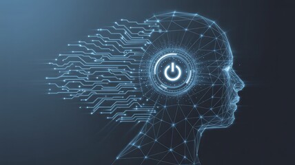 Digital concept art of human head with data streams and power button symbol