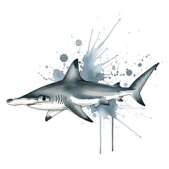 Watercolor illustration of a hammerhead shark isolated on white background