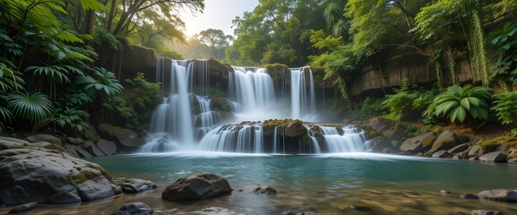 Multi tiered cascading waterfall flowing into calm pool in lush tropical jungle