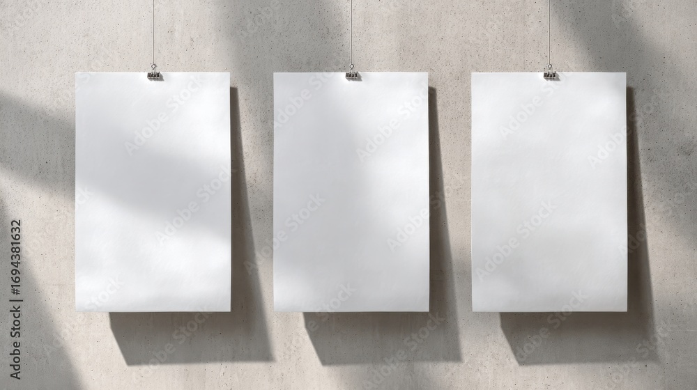 Aufkleber stunning photo of three empty white vertical rectangle poster mockups with soft shadows on neutral l