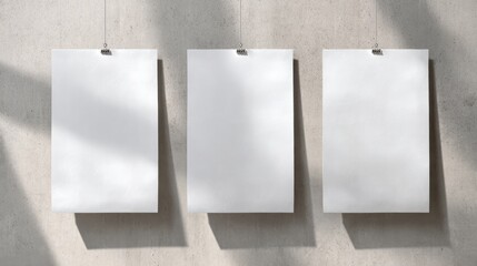 Stunning photo of three empty white vertical rectangle poster mockups with soft shadows on neutral light grey concrete wall background. Flat lay, top view.