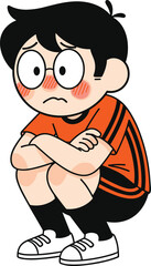 Worried cartoon character, anxious expression, squatting pose, emotional stress, flushed cheeks, black hair, striped shirt, discomfort, mental health, illustration