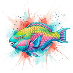 Watercolor illustration of a colorful parrotfish isolated on white background