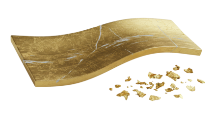 Curved polished gold abstract element, textured with white abrasions and gold leaf flakes on a transparent background, luxury product display.
