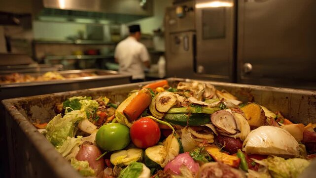 Food Waste in Restaurant Kitchen: A metal bin overflows with discarded vegetable trimmings in a restaurant setting. Chef in background. Reducing food waste.