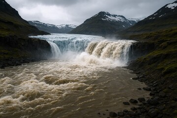 Powerful glacial lake outburst flood (j&ouml;kulhlaup) with massive waterfalls and torrents in a mountain valley.