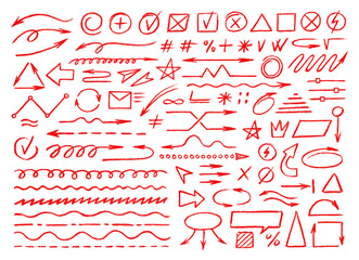 Doodle red crayon pencil hand drawn lines of arrow and underline, star and marks, highlight, check and cross symbols vector set. Marker sketches for annotations, infographics and presentations
