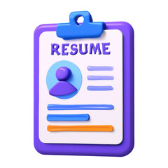 Stylized 3d resume icon clipboard with professional profile information and job application elements white background