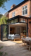 Fototapeta premium Stunning photo of romiuodtern ouse extension with large glass doors. Open plan living area with sofa, dining table, wooden flooring visible through doors. Exterior of brick house.