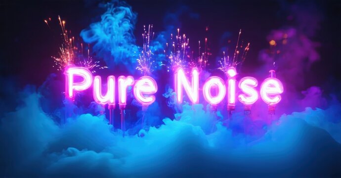 Bright neon text reads Pure Noise above vibrant smoke, fireworks illuminate dark background. Dramatic lighting creates energetic mood. - Powered by Adobe