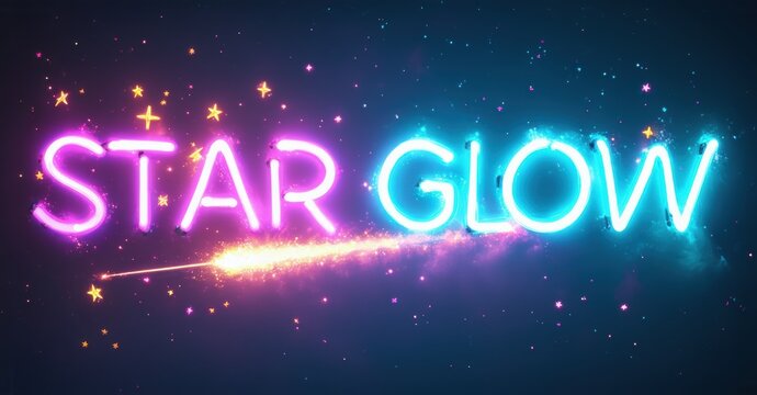 Bright neon text spells Star Glow against dark cosmic background. Stars sparkle, comet trails illuminate space. Vibrant colors dominate scene.