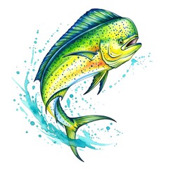 Watercolor illustration of a mahimahi fish jumping isolated on white background