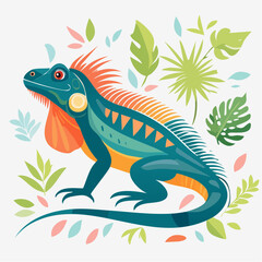 Obraz premium Colorful Iguana Surrounded By Tropical Leaves