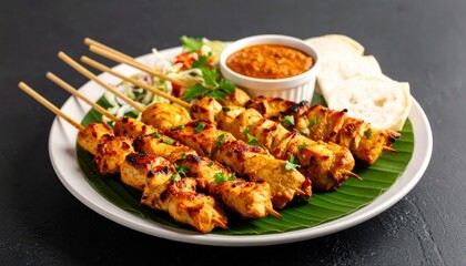 Fototapeta premium Aromatic grilled chicken satay skewers plated on a banana leaf with peanut sauce, fresh garnish, and crispy crackers
