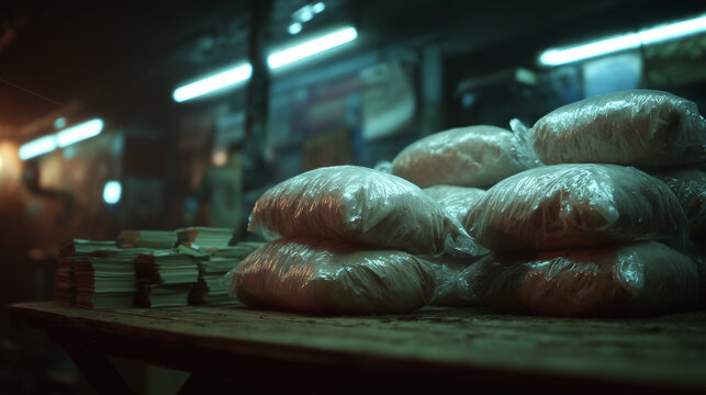 Stacks of plastic bags and money bundles in dark room.