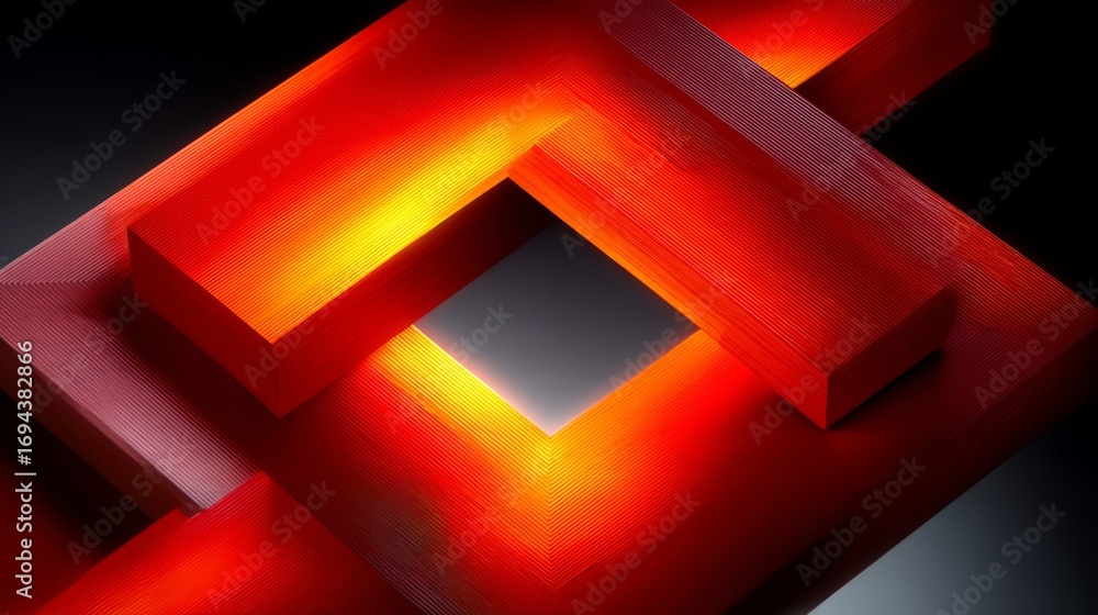 Poster abstract interlocking geometric shapes, glossy red and orange, representing complexity and dynamic e