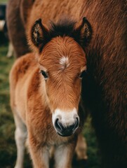 Newborn Foal Stands Beside Its Mother in a Lush Pasture During a Sunny Afternoon in the Countryside