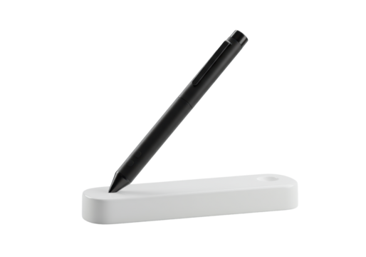Sleek matte black smart pen with polished metallic tip resting elegantly on a transparent ceramic base, isolated on a transparent background, high-key studio shot, concept of modern technology and