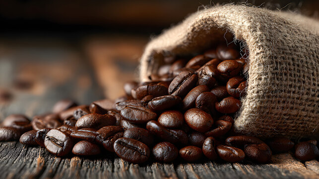 Roasted coffee beans spilling from a burlap sack ont a rustic wooden table illminated by warm natural liht creating an inviting an earthy
