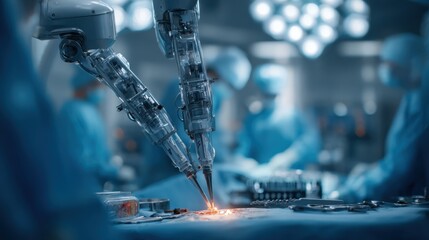Stunning photo of close-up of a robotic arm performing a precise surgical operation in a sterile medical environment with advanced technology and skilled healthcare professional.
