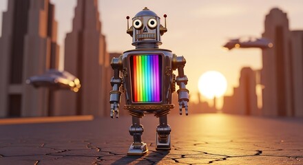 Retro Robot Sunset Cityscape.