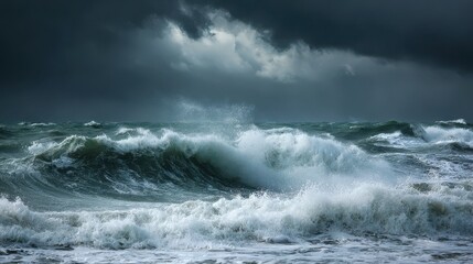 Fototapeta premium Stunning photo of stormy ocean with towering waves and dark clouds, capturing the raw power and turbulence of the sea during a tempestuous weather event.