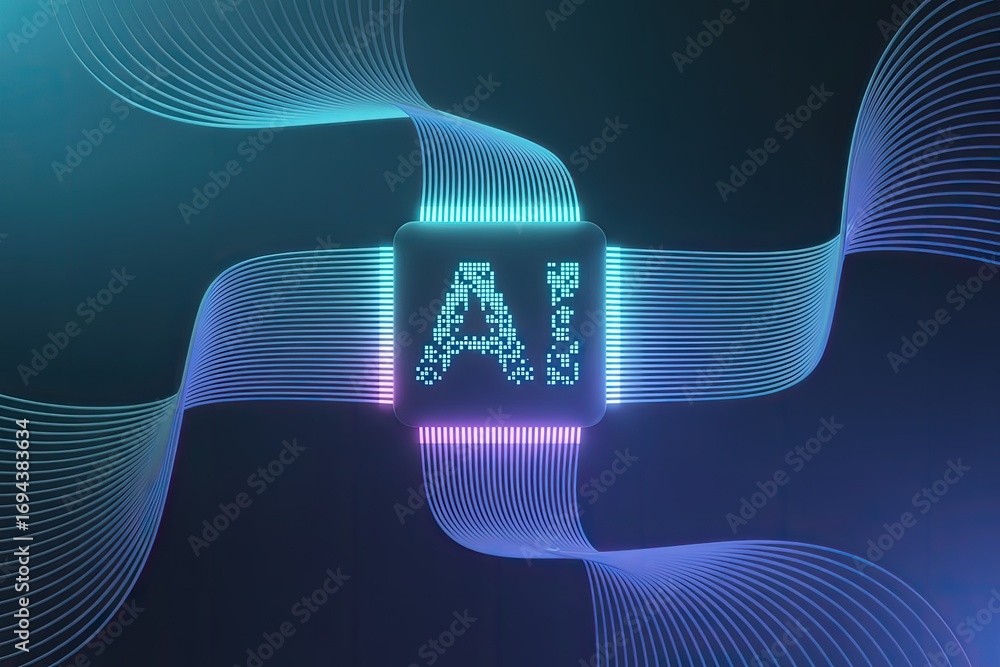 Poster futuristic ai concept with glowing neon circuit board and digital waves abstract background
