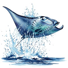 Manta ray jumping out of the water isolated on white background