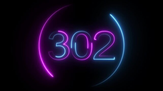 A dynamic circular animation, and glowing neon number 302 animation . on a black background. and creating a stunning video.4k video
