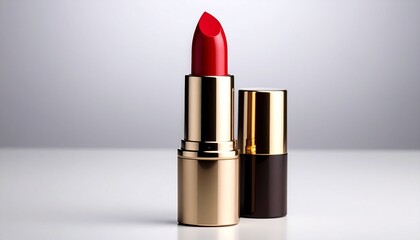 red lipstick in gold casing with black cap on gradient background