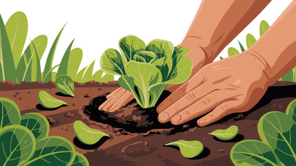 Create a kinds of deferent Hand planting a lettuce in a garden vector art with white background.